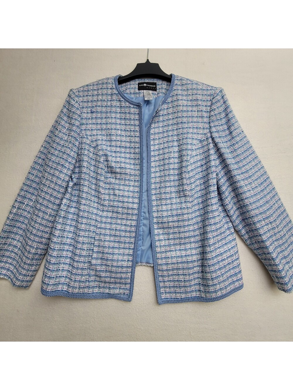 Sag Harbor Women's Blue and White Tweed Open Front Jacket Size 16W
